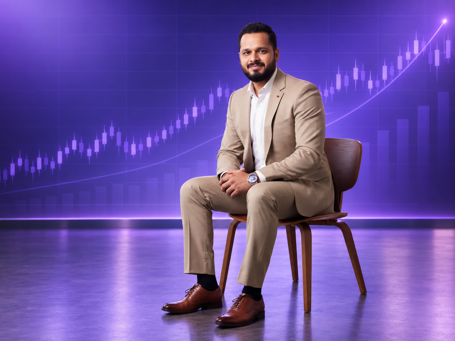 Mohammed Shaikh in a styled Trading Artist founder visual