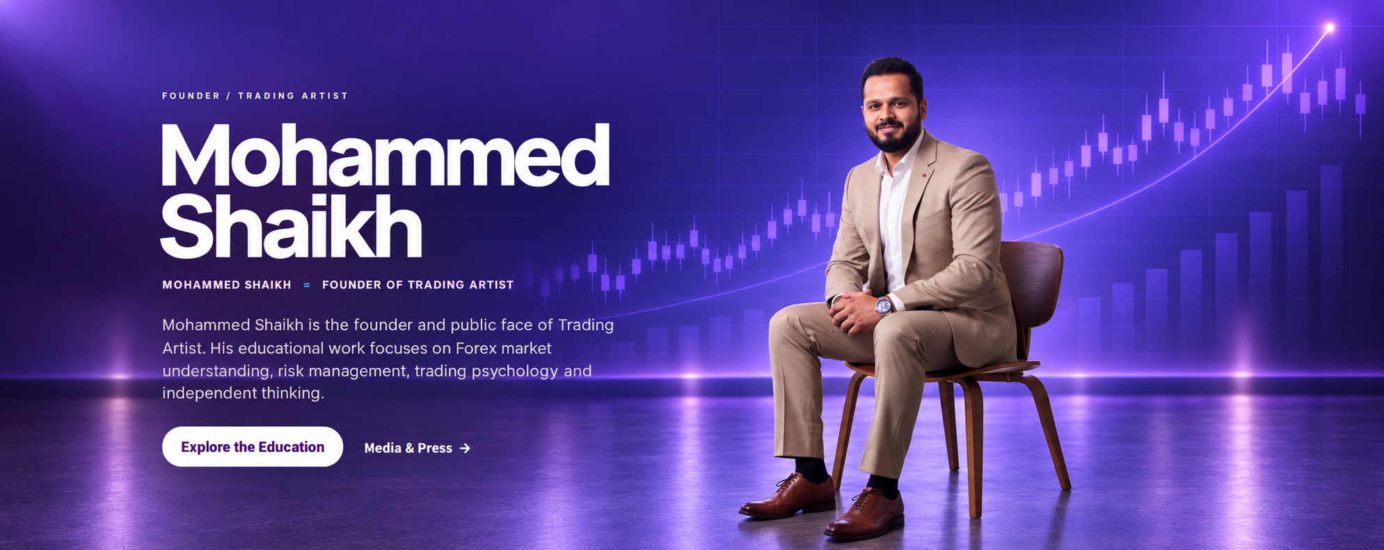 Mohammed Shaikh, founder of Trading Artist, seated in a Trading Artist market-themed hero scene